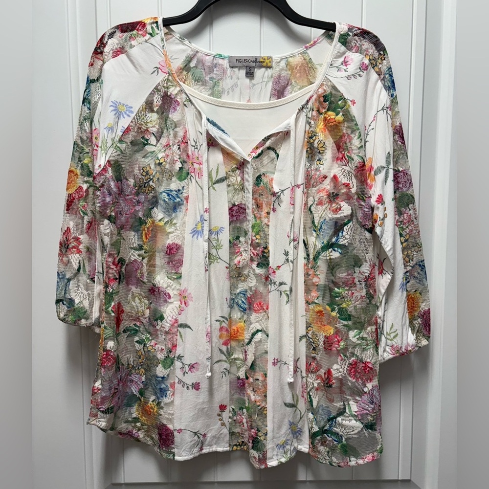 Floral Sheer Tie-Neck Blouse - White Multi